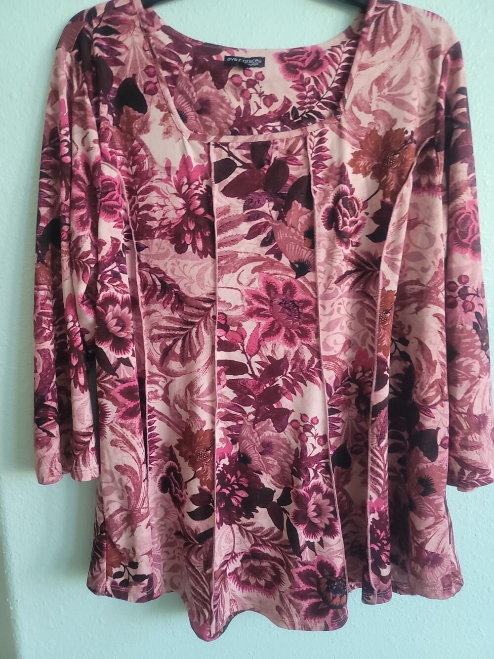 Ava & Grace Womens Blouse Top Multicolor Floral Long Sleeve Square Neck Pullover